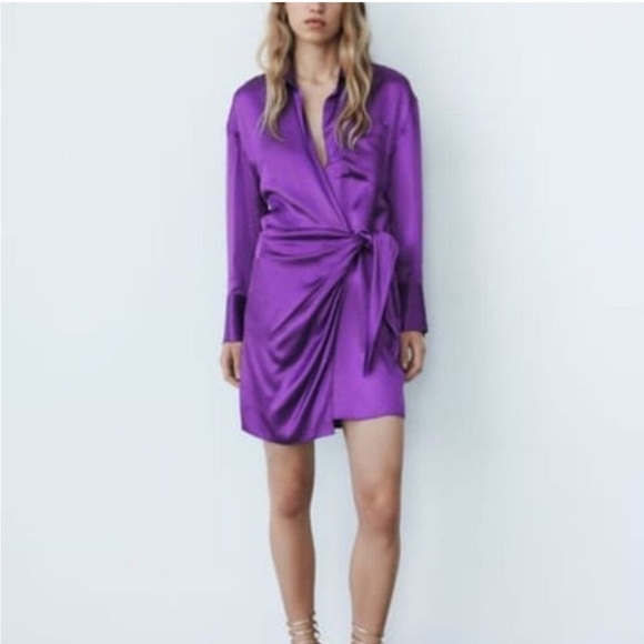 NWT Zara Purple Satin Effect Faux Wrap Mini Dress Small - Picture 1 of 10